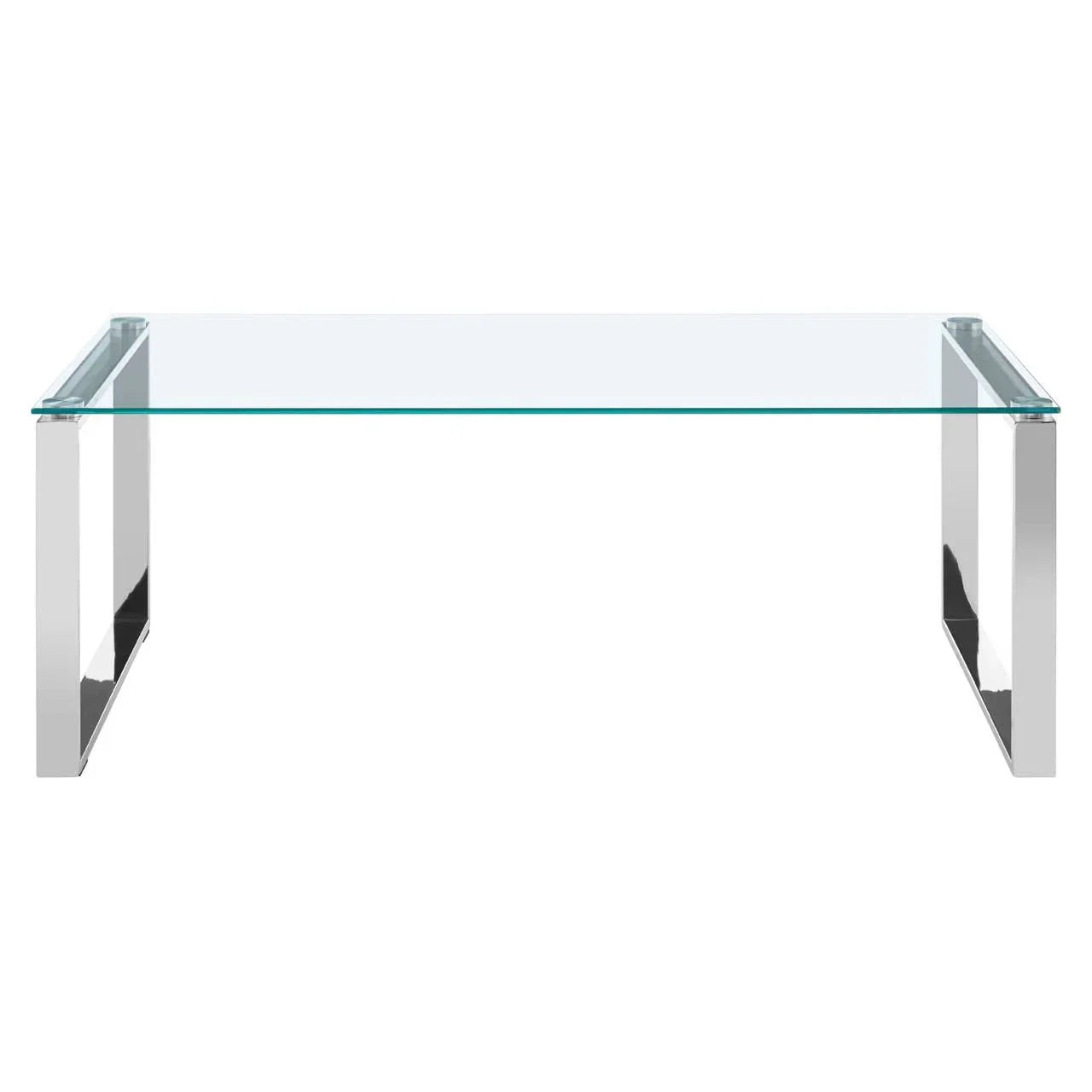 Glass coffee table with chrome metal legs, rectangular modern design, front view
