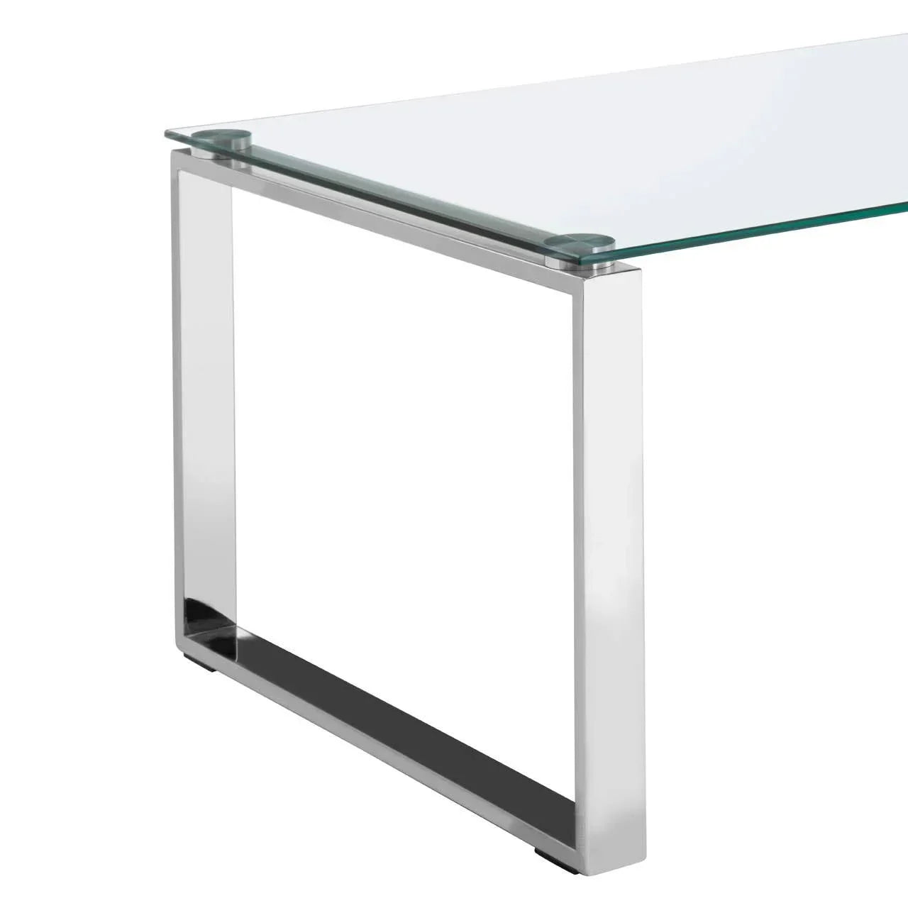 Glass top dining table with chrome metal frame corner detail