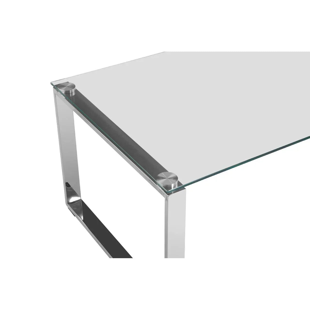 Rectangular glass coffee table with chrome metal legs and clear top corner detail