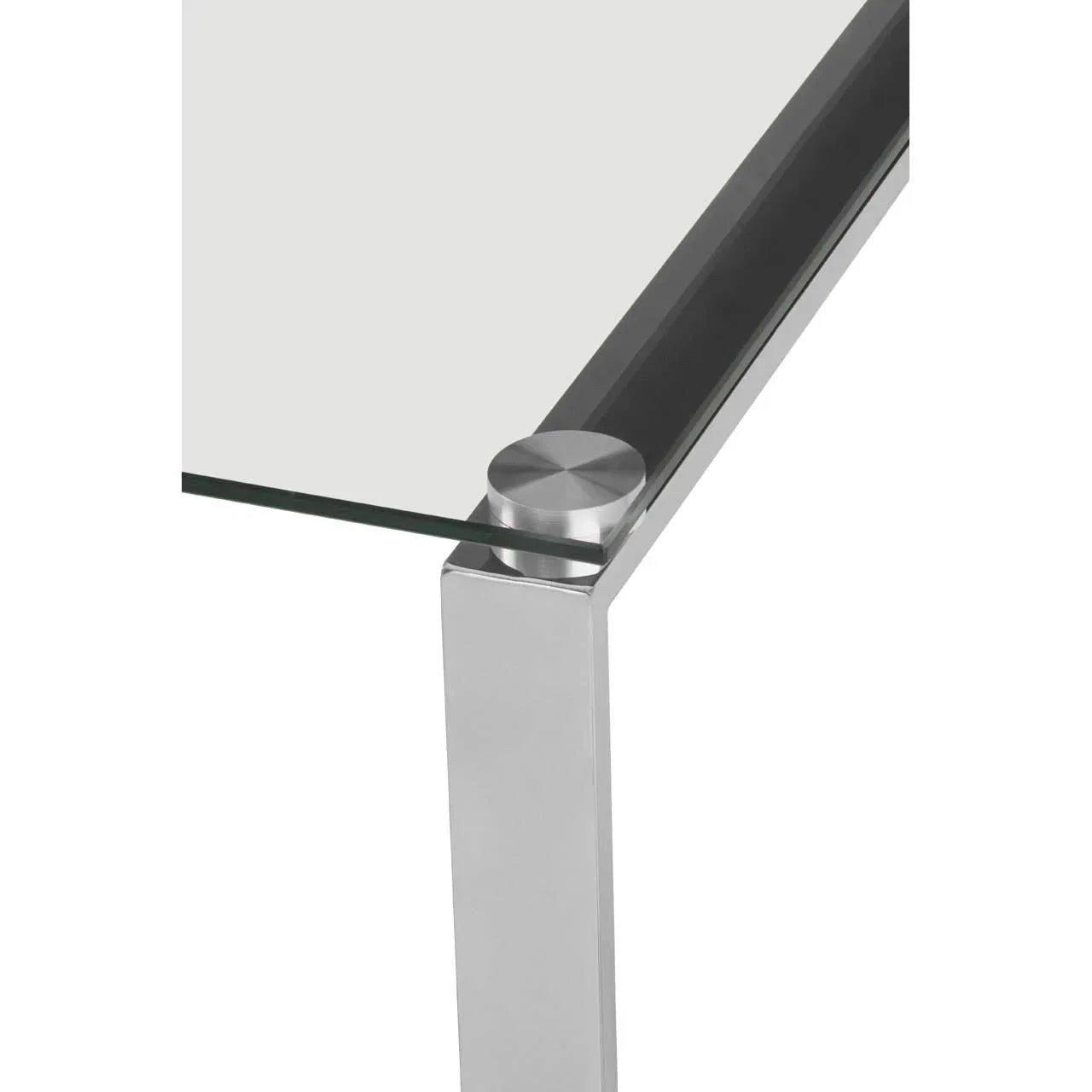 Glass dining table corner with stainless steel leg and modern metal detailing