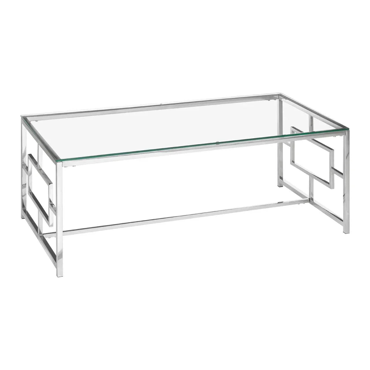 Rectangular glass coffee table with chrome metal frame and geometric side design