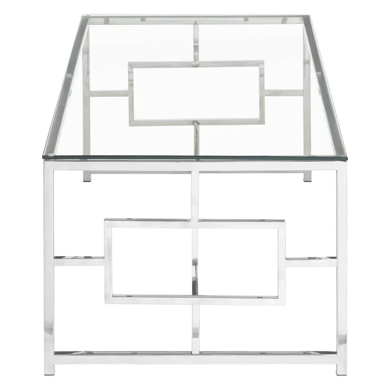 Glass top coffee table with chrome metal geometric frame, front view
