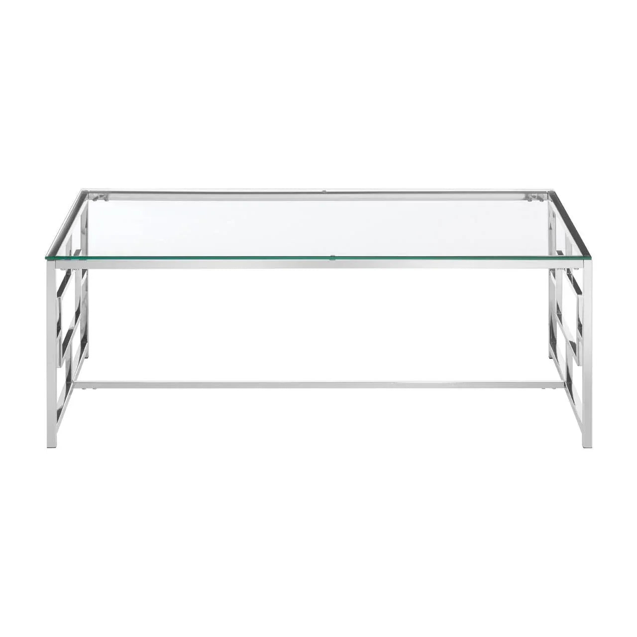 Rectangular glass coffee table with chrome metal frame and geometric side detail, front view