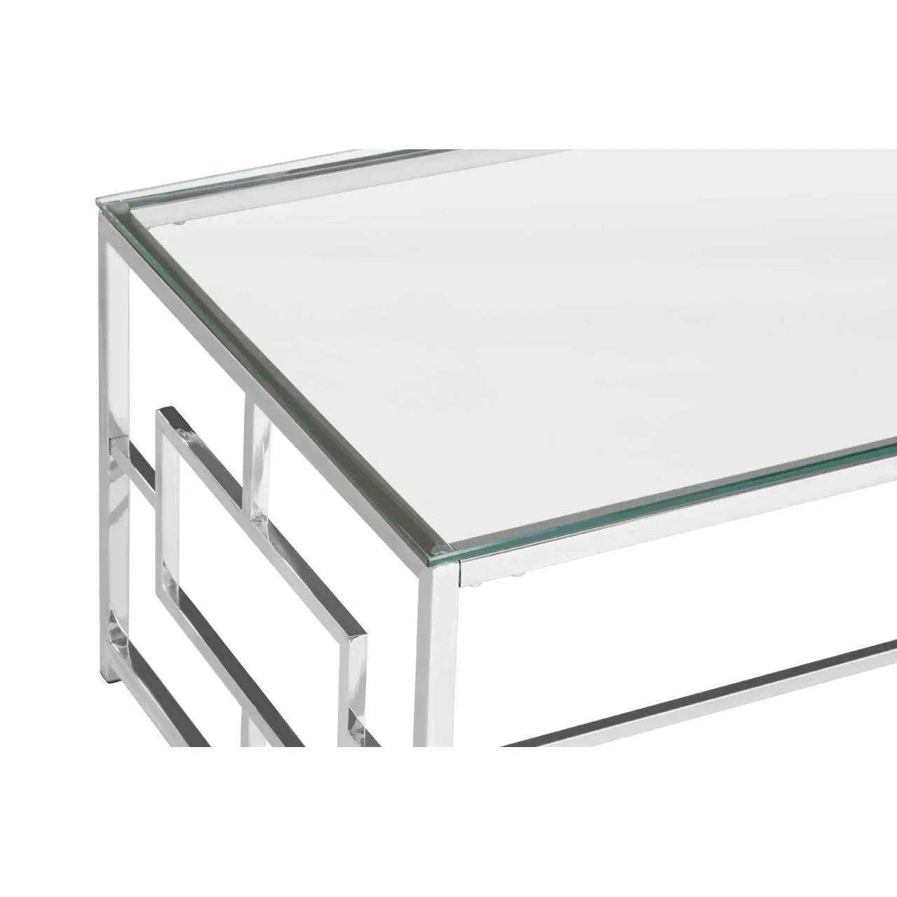 Glass coffee table with chrome geometric metal frame, corner close-up view