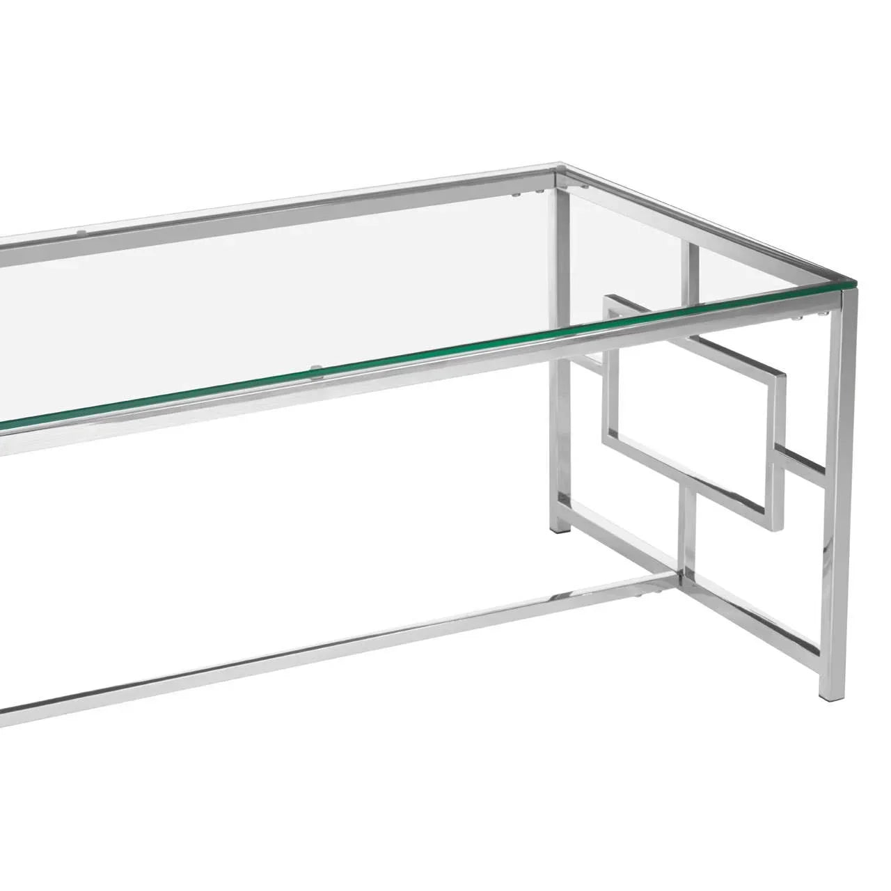 Rectangular glass coffee table with chrome metal geometric frame, corner angle view