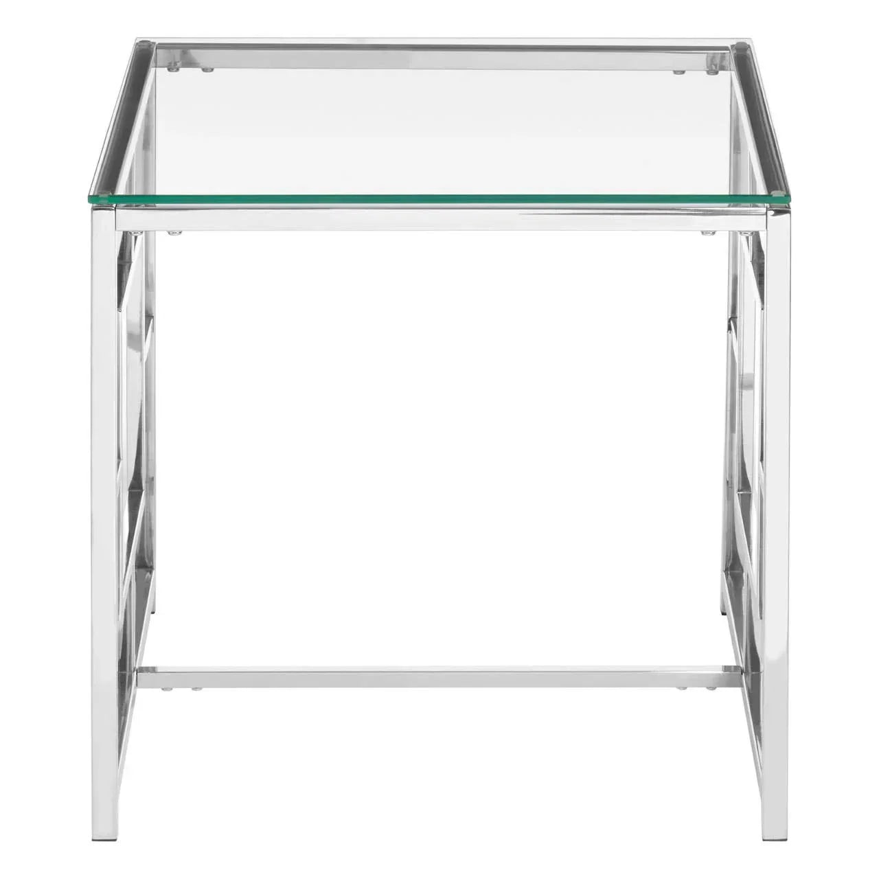 Glass top side table with chrome metal frame, shown from front angle