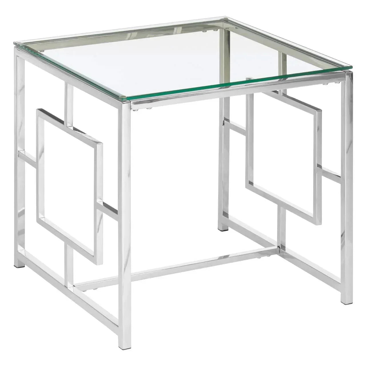 Glass top side table with chrome geometric metal frame, angled front view