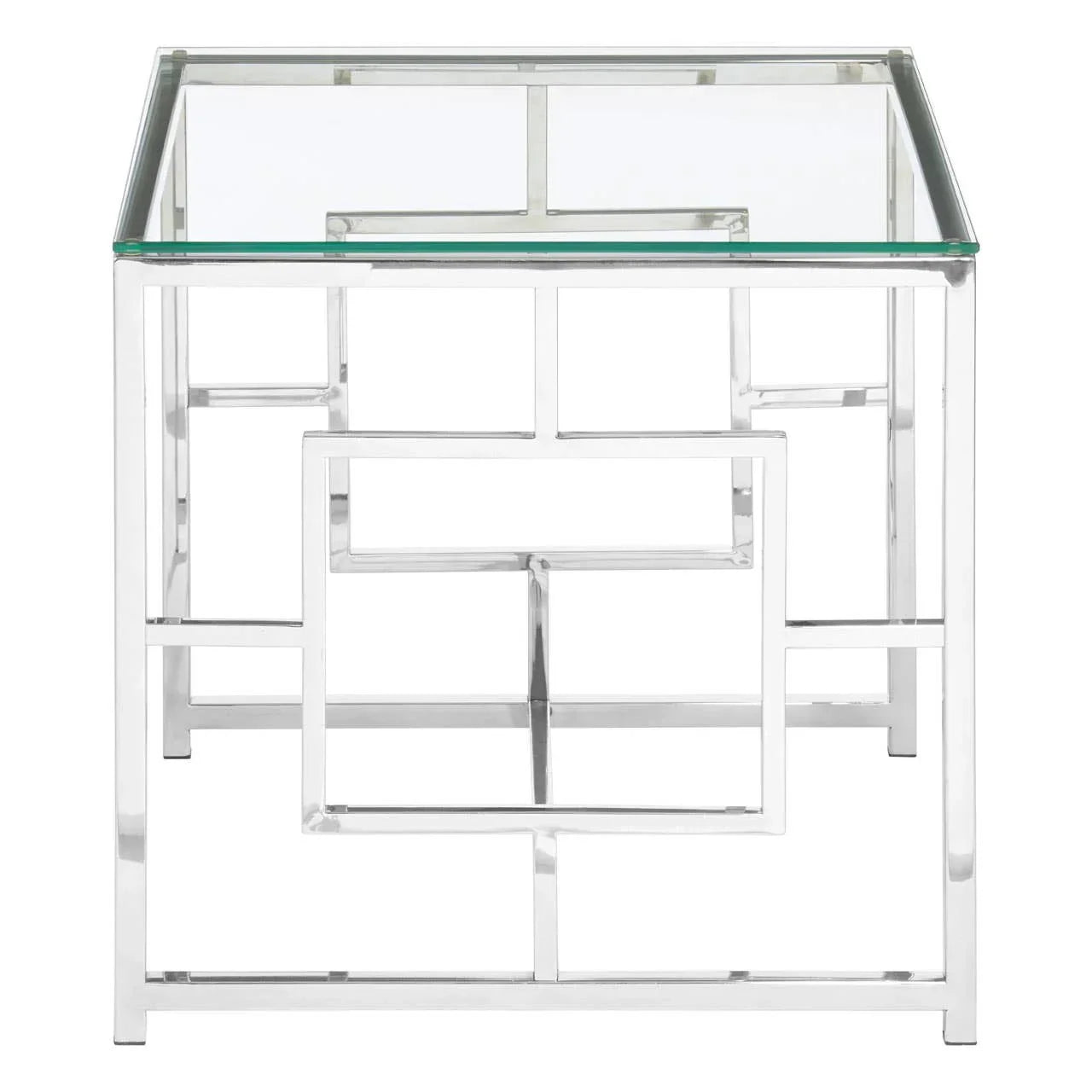 Square glass top side table with chrome geometric metal base, front view