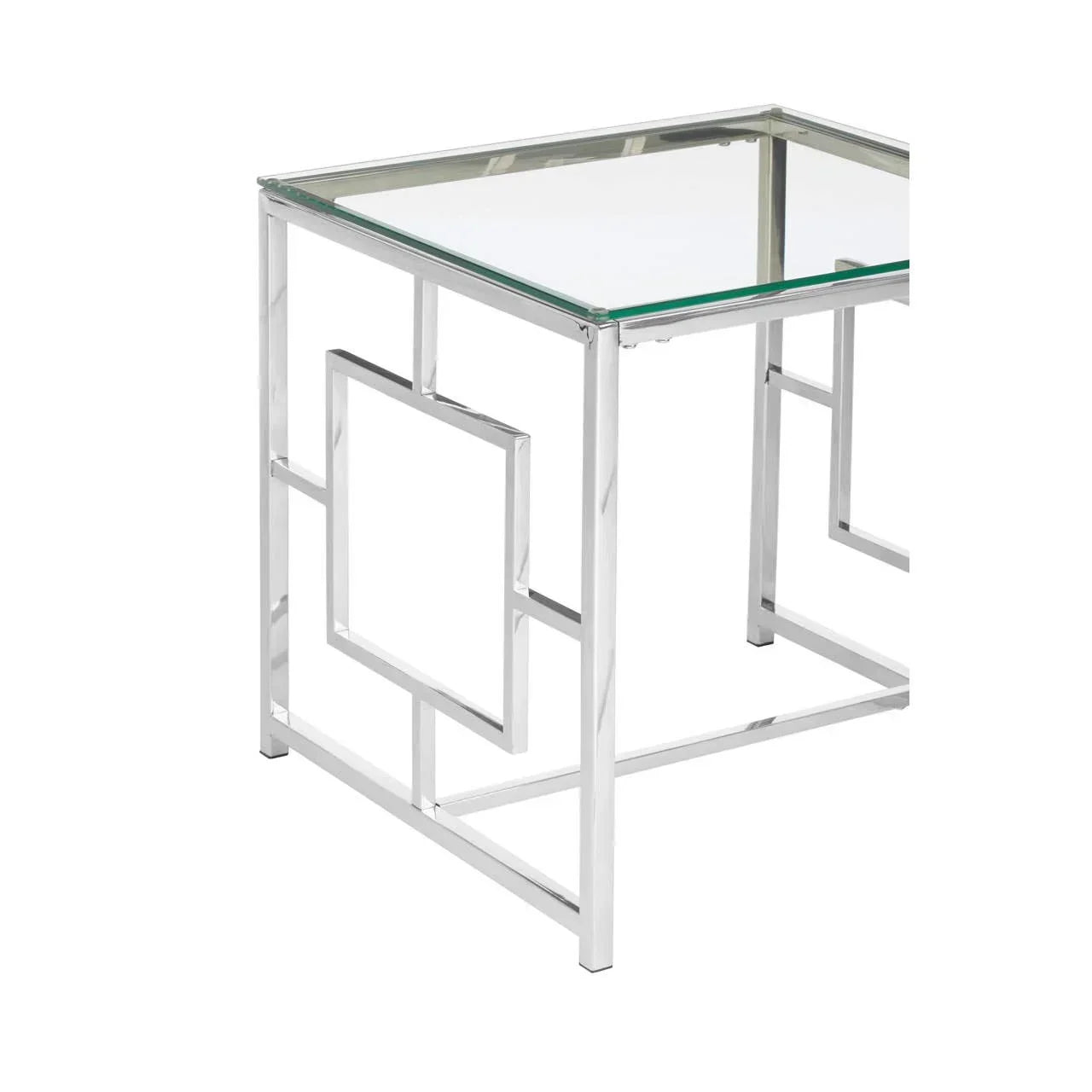 Glass top side table with chrome geometric metal frame, close-up of corner detail