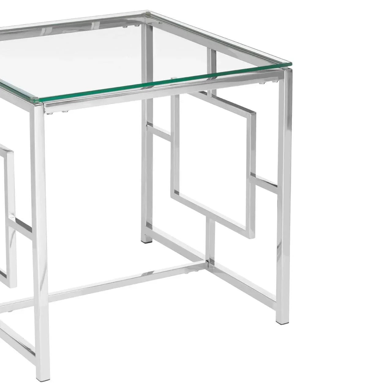 Glass side table with chrome metal frame and geometric square design