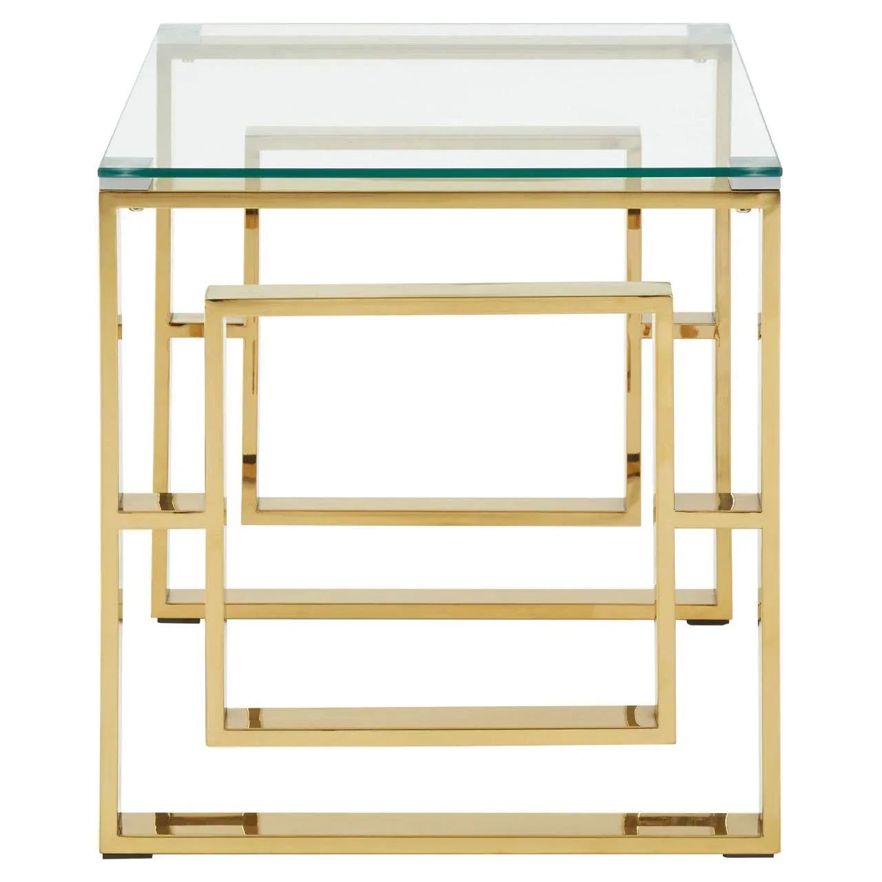 Gold metal and glass nest of tables with geometric frame, front view