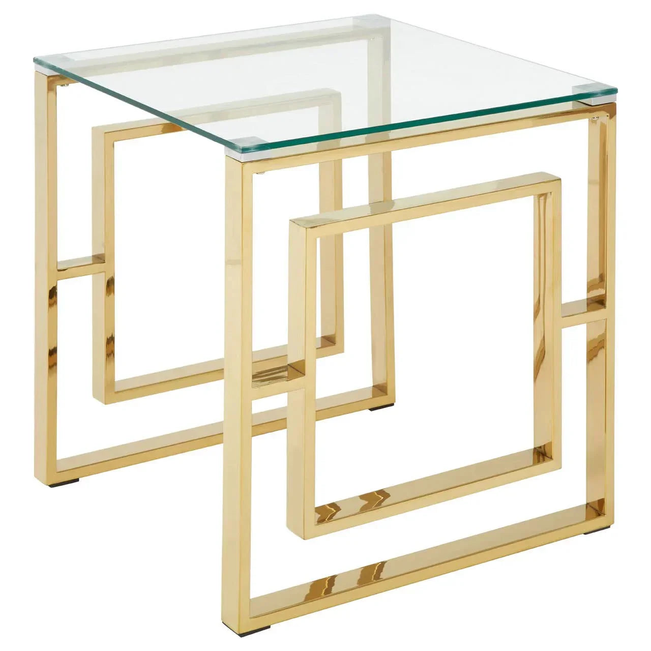 Glass top side table with gold metal geometric frame, modern living room furniture