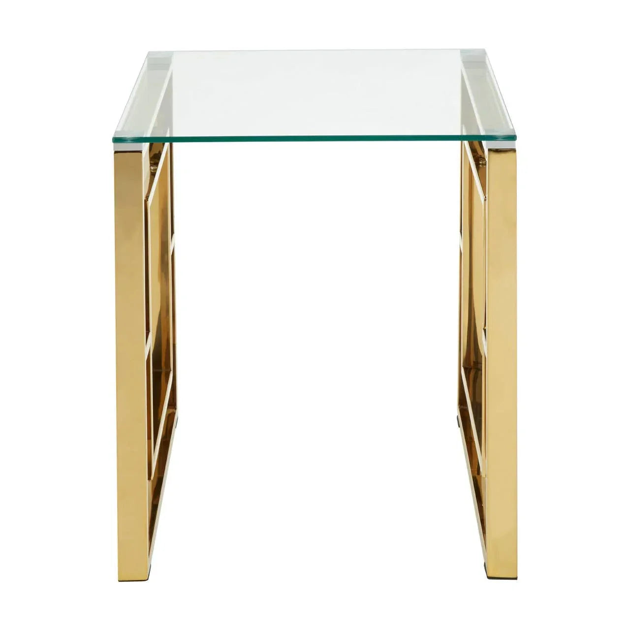 Glass top side table with gold metal frame, geometric pattern, front angle view