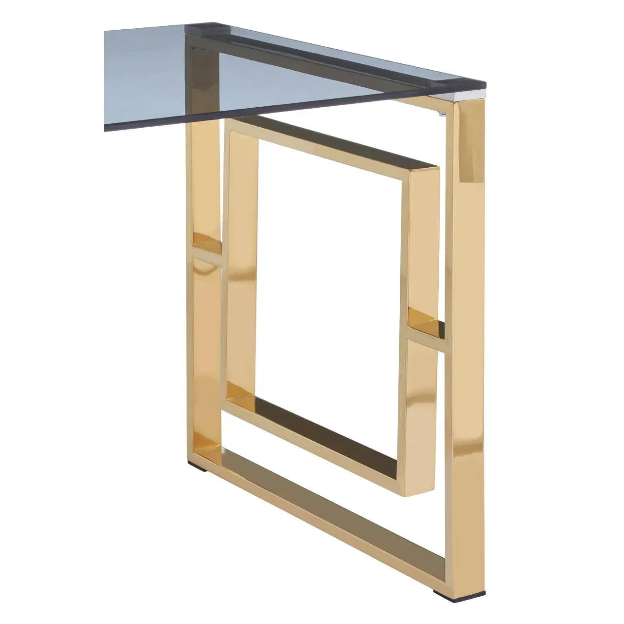 Glass console table with gold metal frame and modern geometric design