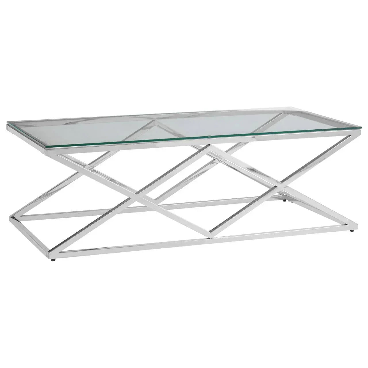 Glass coffee table with chrome metal frame and geometric base