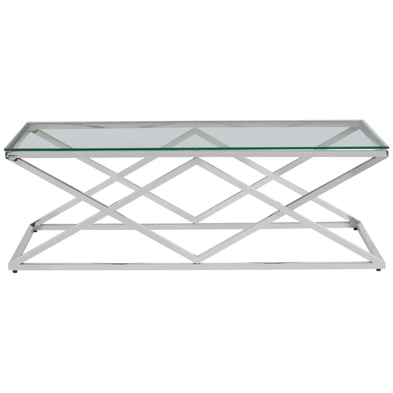 Glass coffee table with chrome geometric metal frame, rectangular modern design