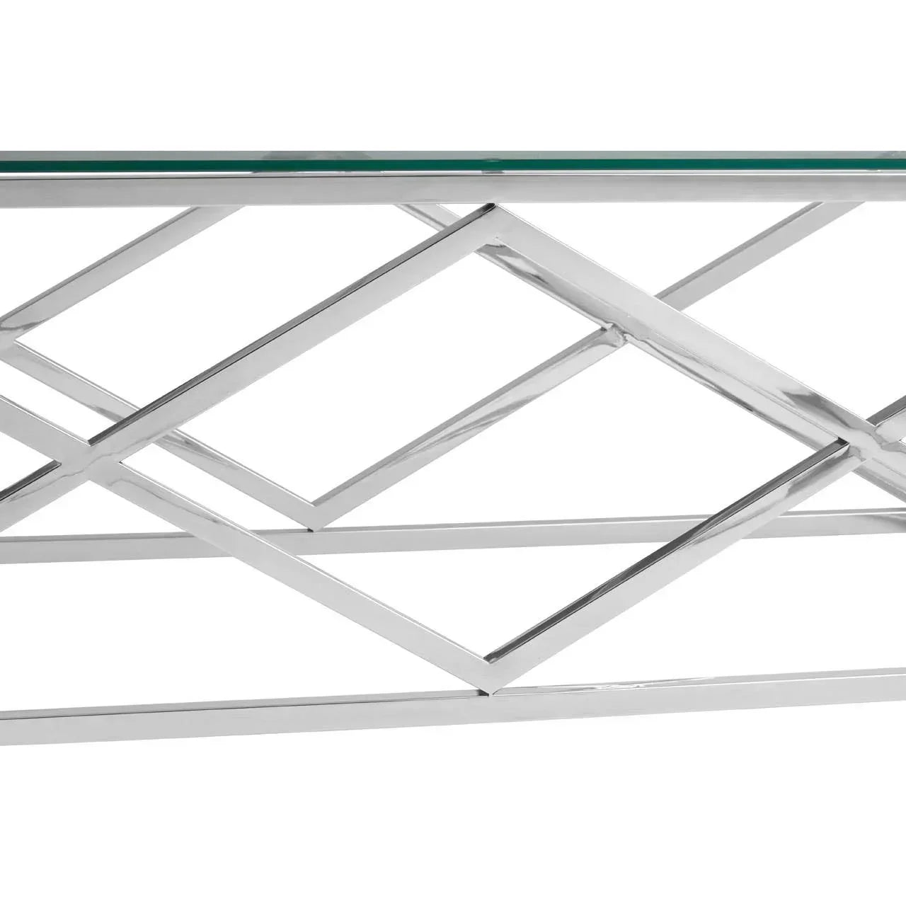 chrome and glass coffee table with geometric metal frame close up