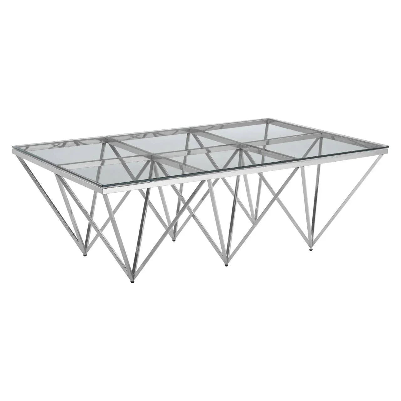 Modern glass coffee table with geometric chrome metal base on white background