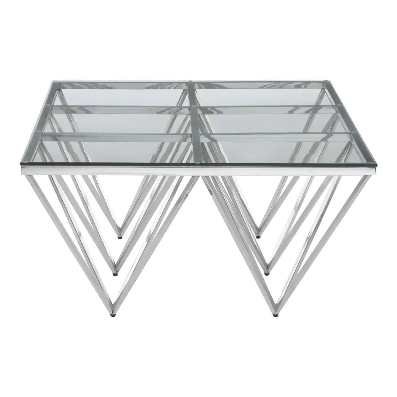 Rectangular glass coffee table with chrome geometric metal legs, modern living room design