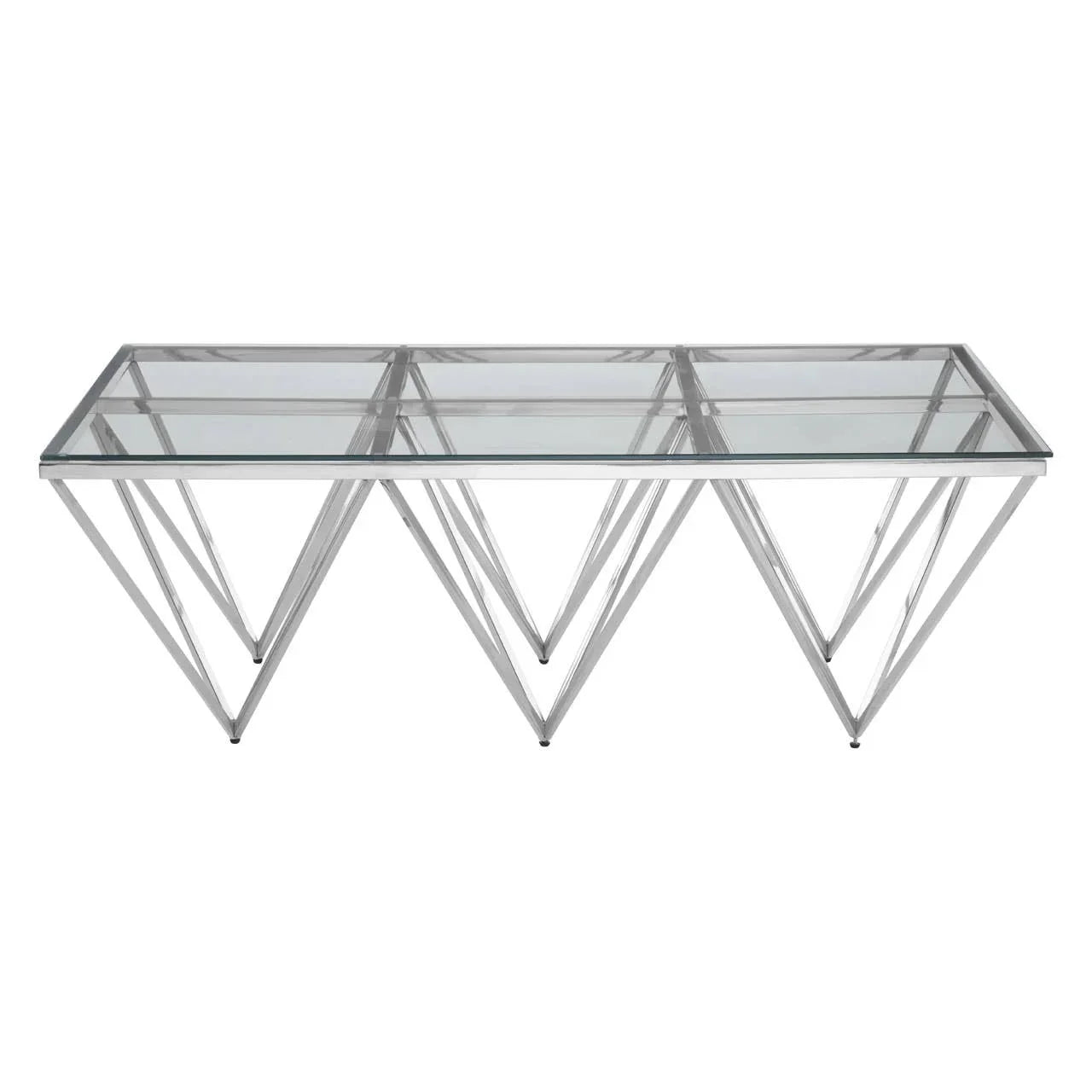 Rectangular glass coffee table with geometric chrome metal base, angled front view