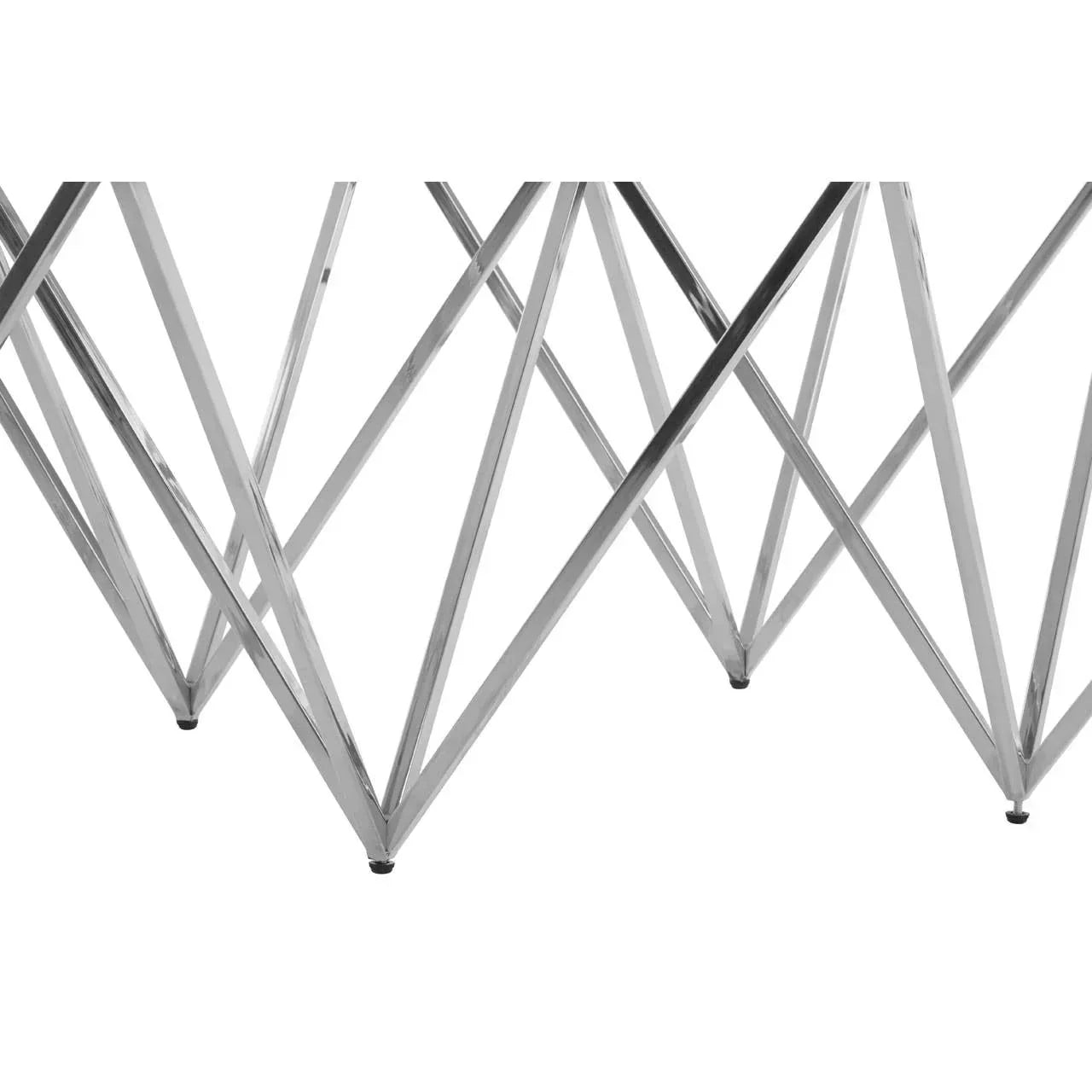 Chrome metal table legs with geometric crisscross design close-up