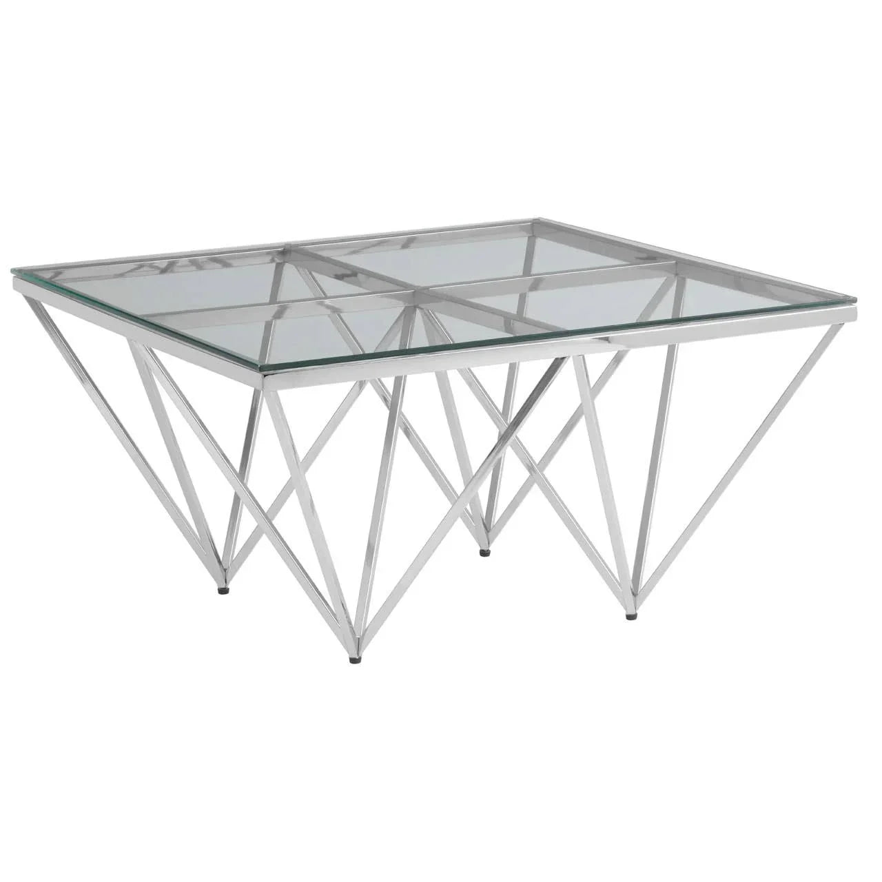 Modern glass coffee table with geometric chrome metal base, angled front view