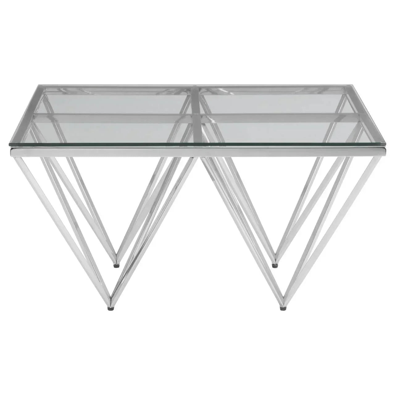 Glass coffee table with geometric chrome legs and clear tabletop, front view