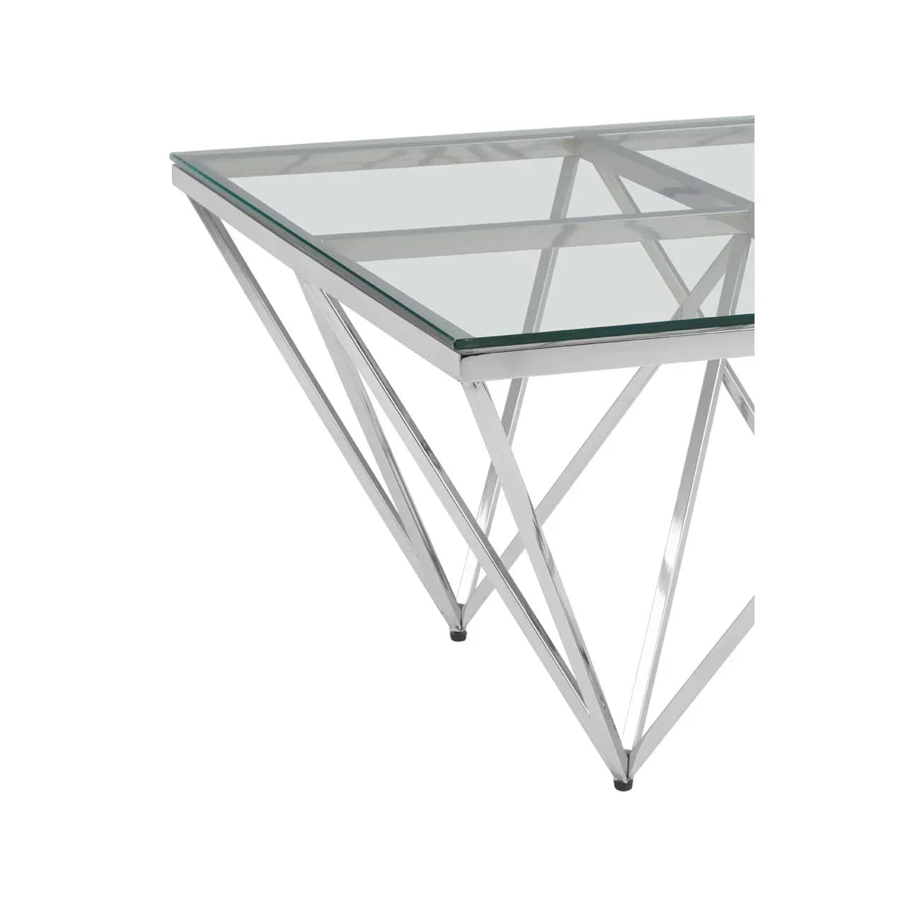 Glass coffee table with geometric chrome frame, corner view
