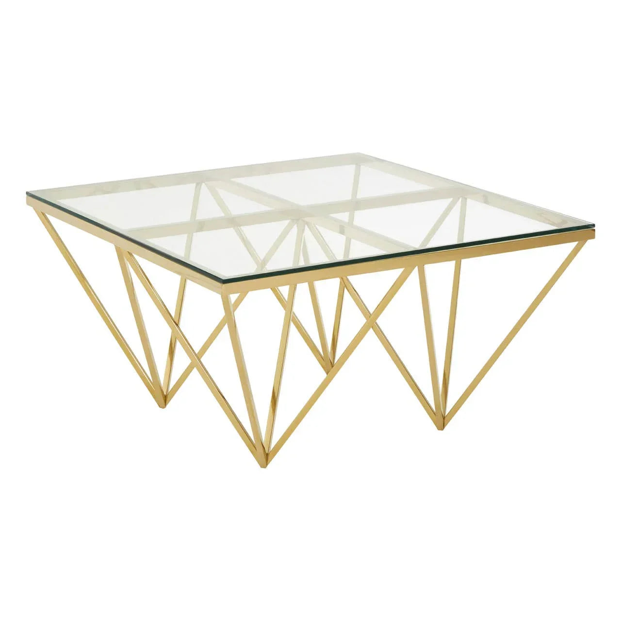 Square glass coffee table with geometric gold metal base, angled side view