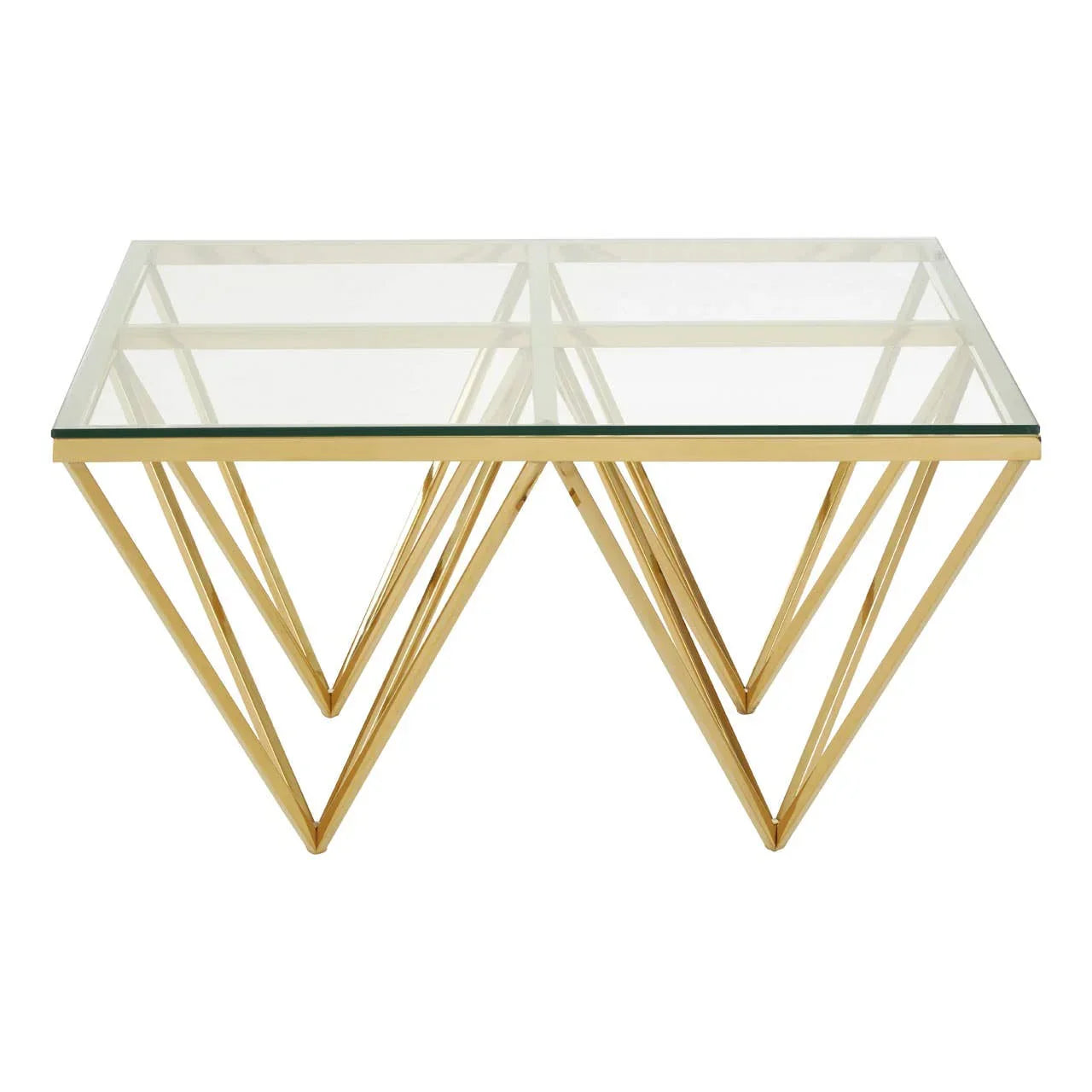 Glass coffee table with gold geometric metal base, modern rectangular design
