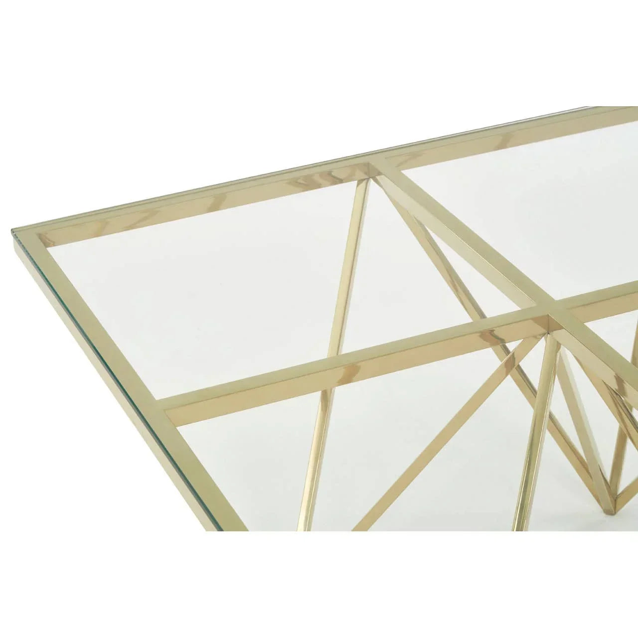 Glass top coffee table with gold metal geometric frame corner detail