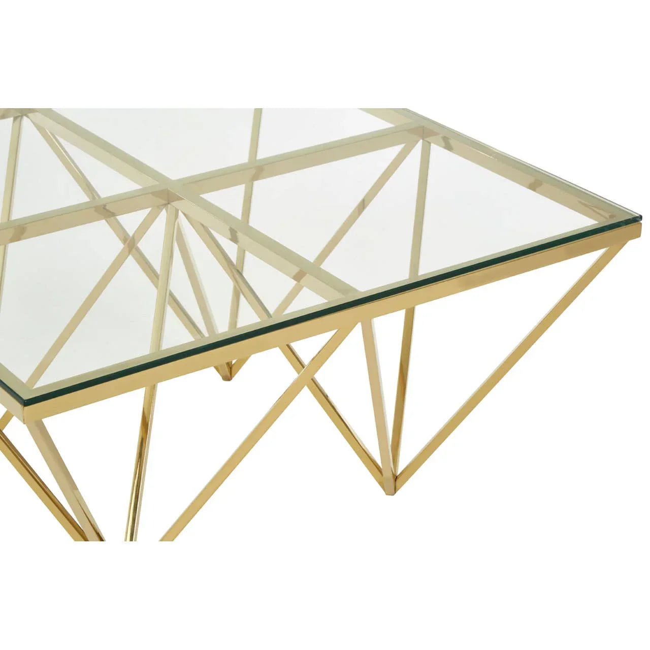 Glass coffee table with gold metal geometric frame, close corner view