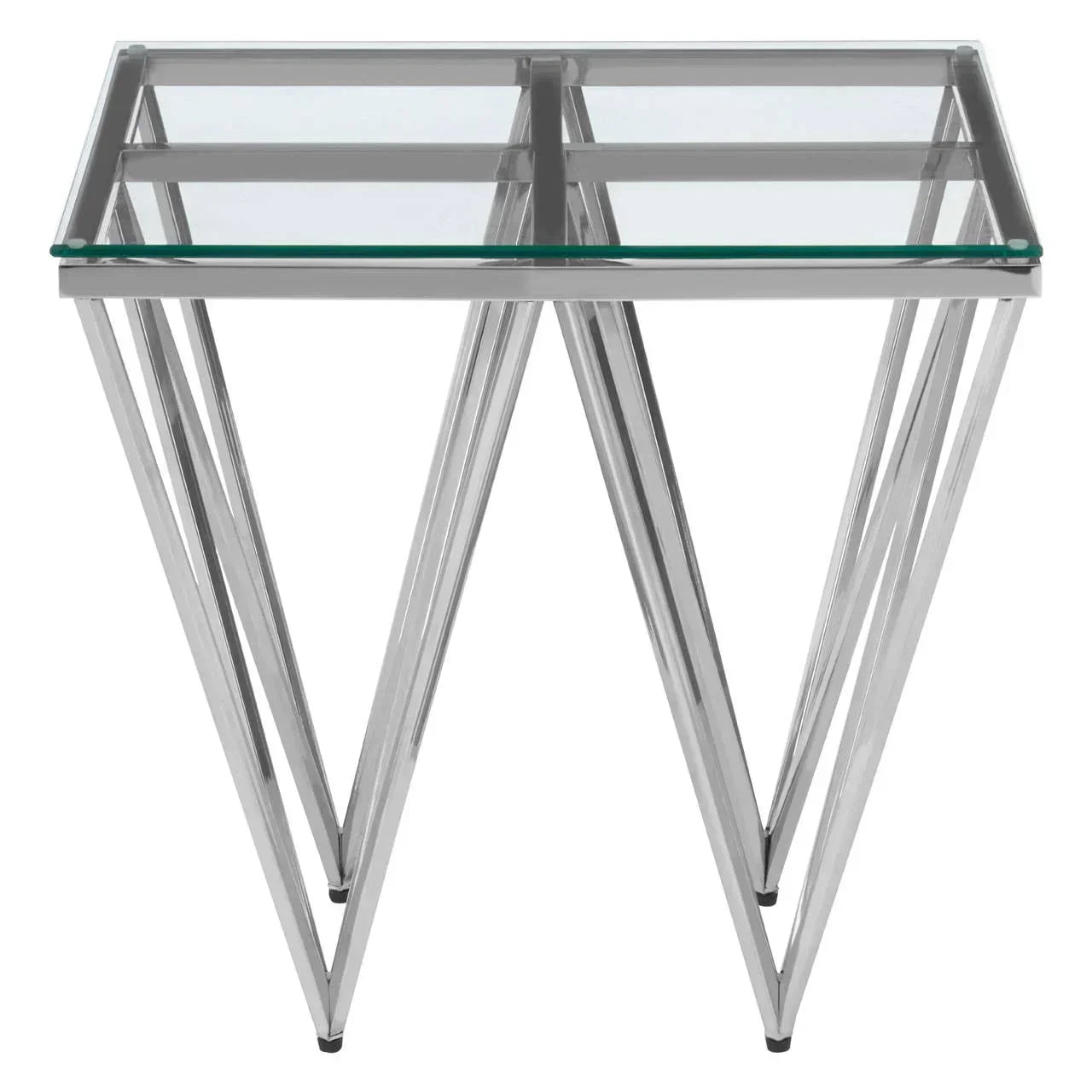 Modern glass side table with chrome metal frame and angular legs