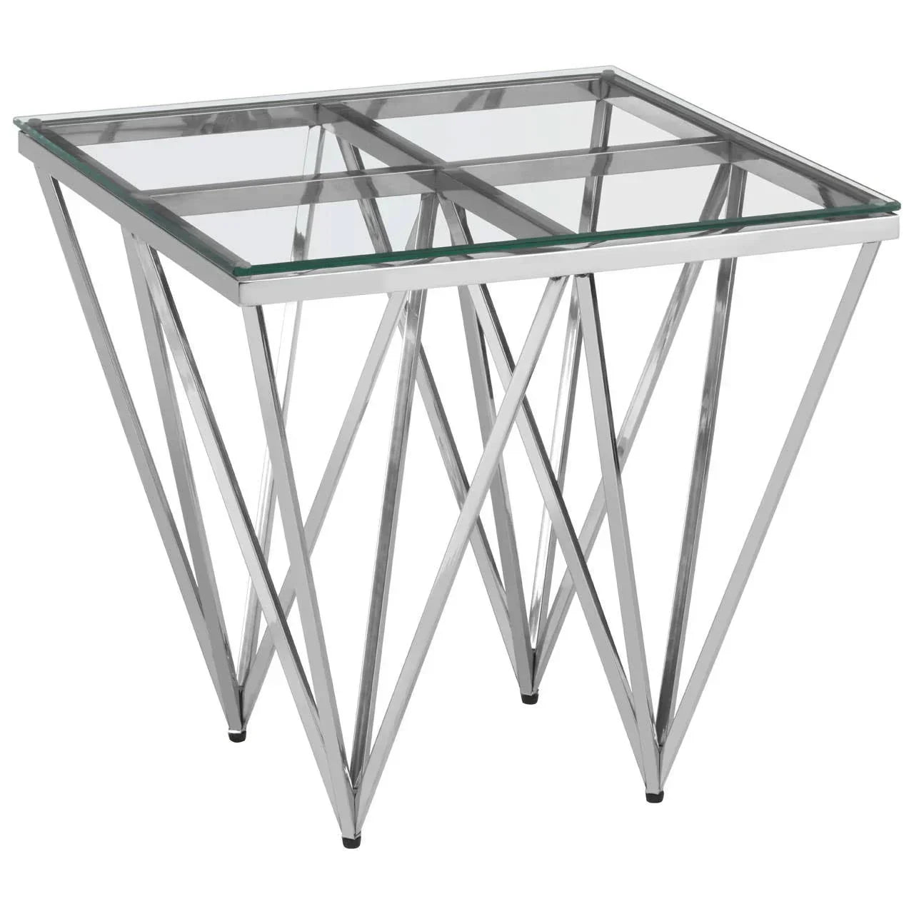 Glass top side table with metal geometric chrome base and modern design