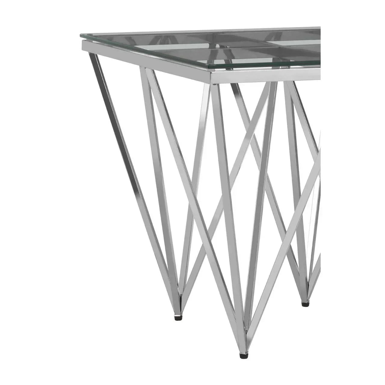 Glass top console table with chrome geometric metal legs, corner view
