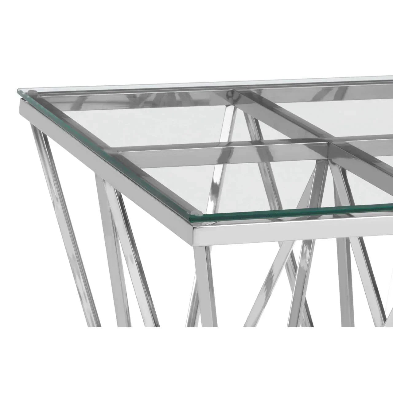 Glass top coffee table with chrome geometric metal legs, corner detail view
