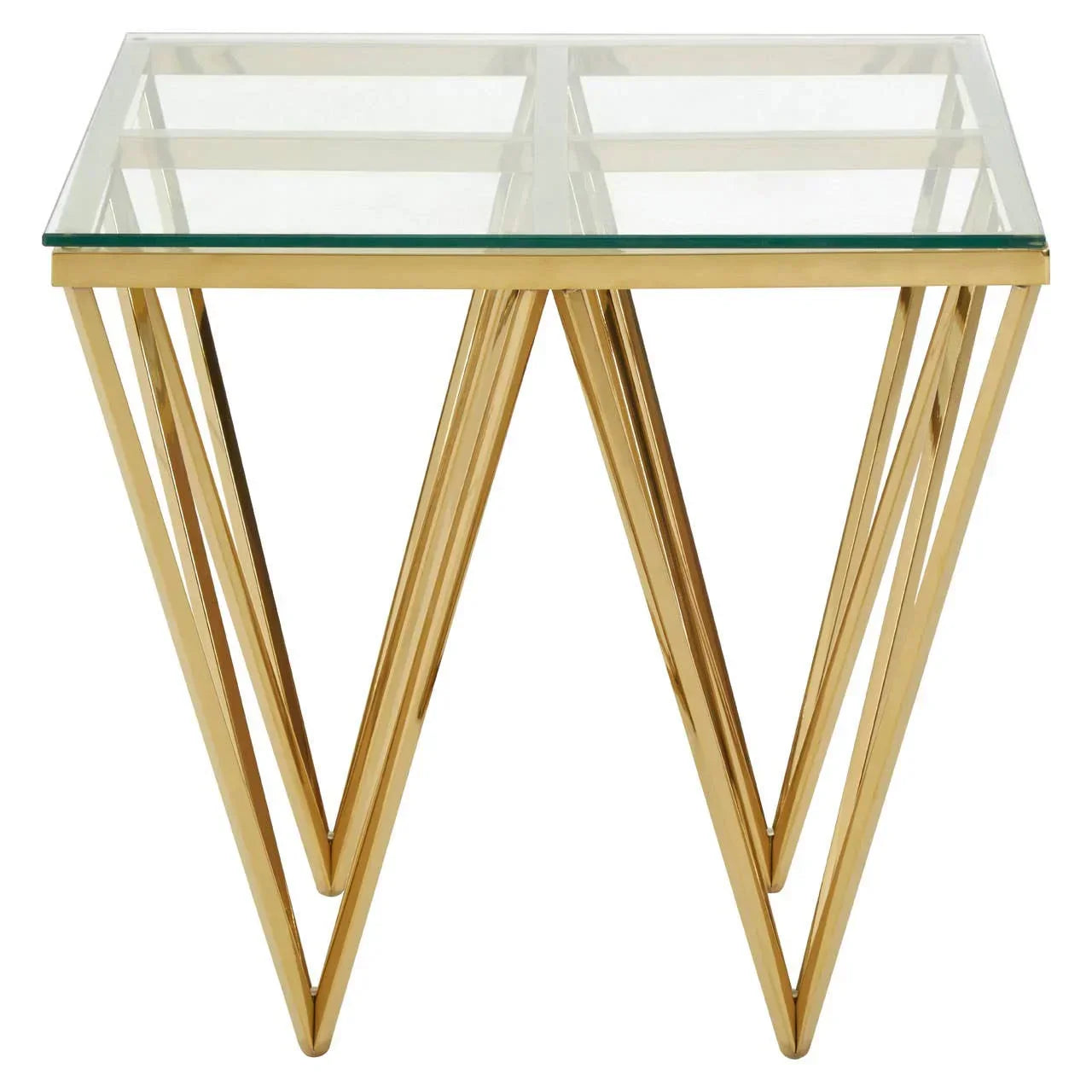 Glass top side table with gold geometric metal frame