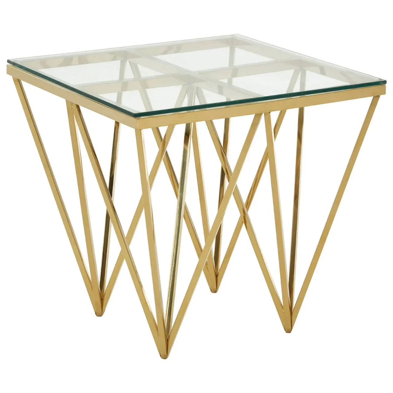 Glass top side table with gold metal geometric frame, angled front view