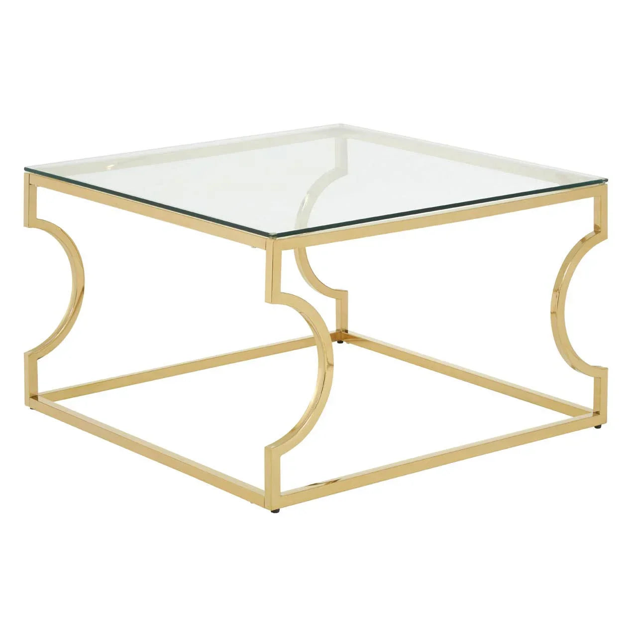 Square glass coffee table with gold metal frame and decorative curved side supports