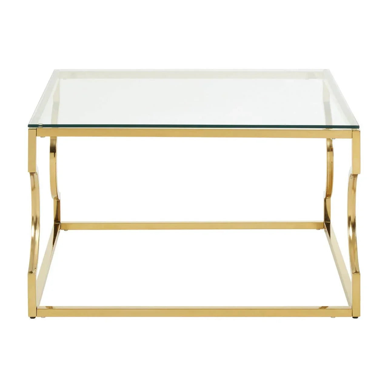 Glass coffee table with gold metal frame, square shape, front view