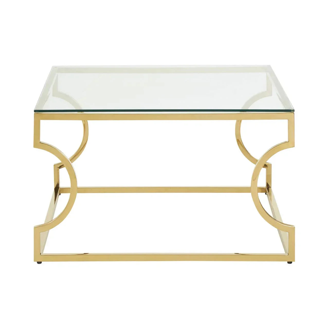 Glass top coffee table with gold metal geometric frame, front angle view