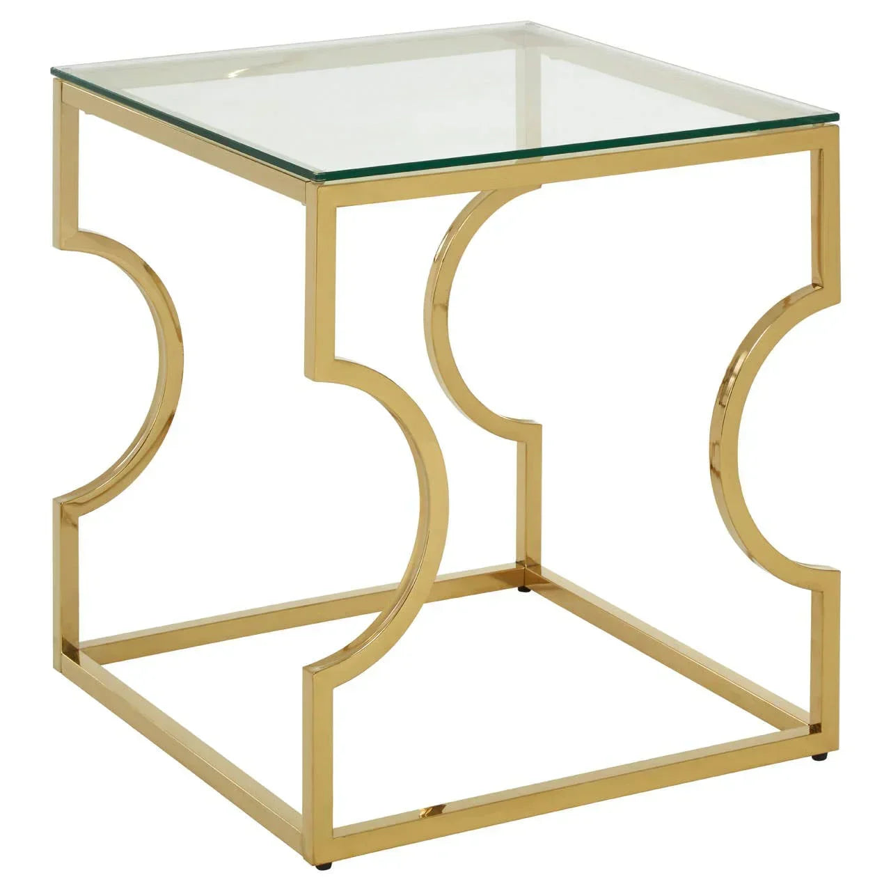 Gold metal and glass side table with geometric frame and square tabletop