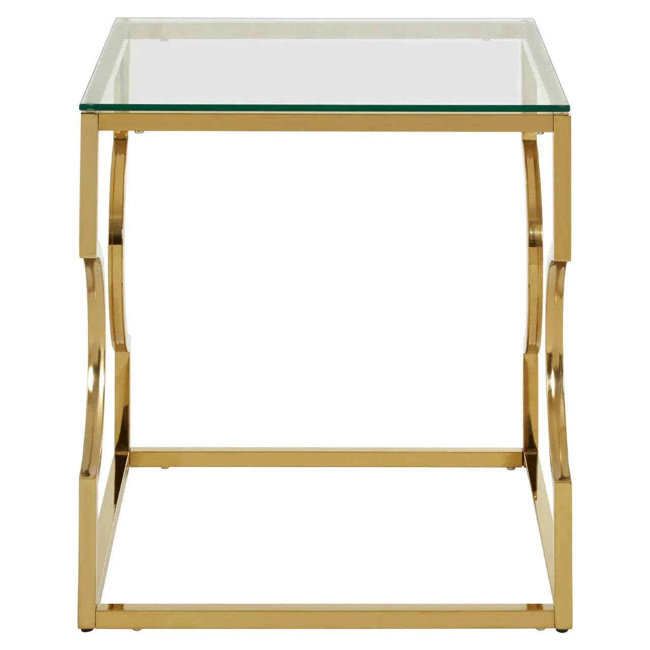 Glass top side table with gold metal frame, front view