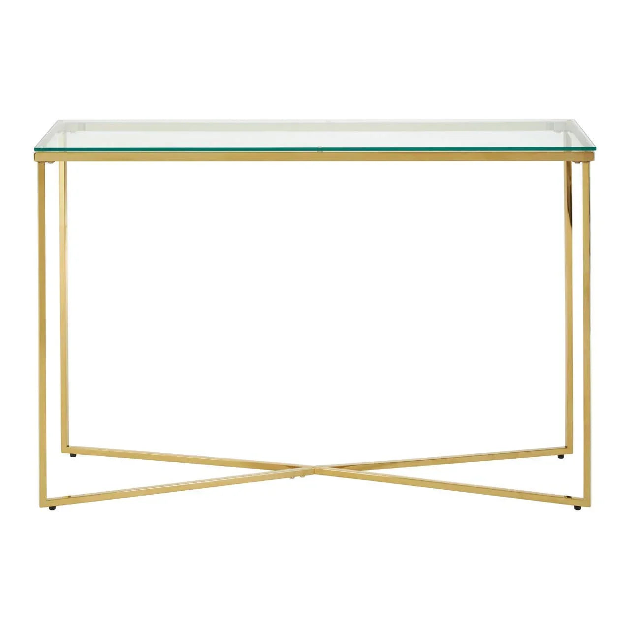 Glass console table with gold metal frame and cross base, front view