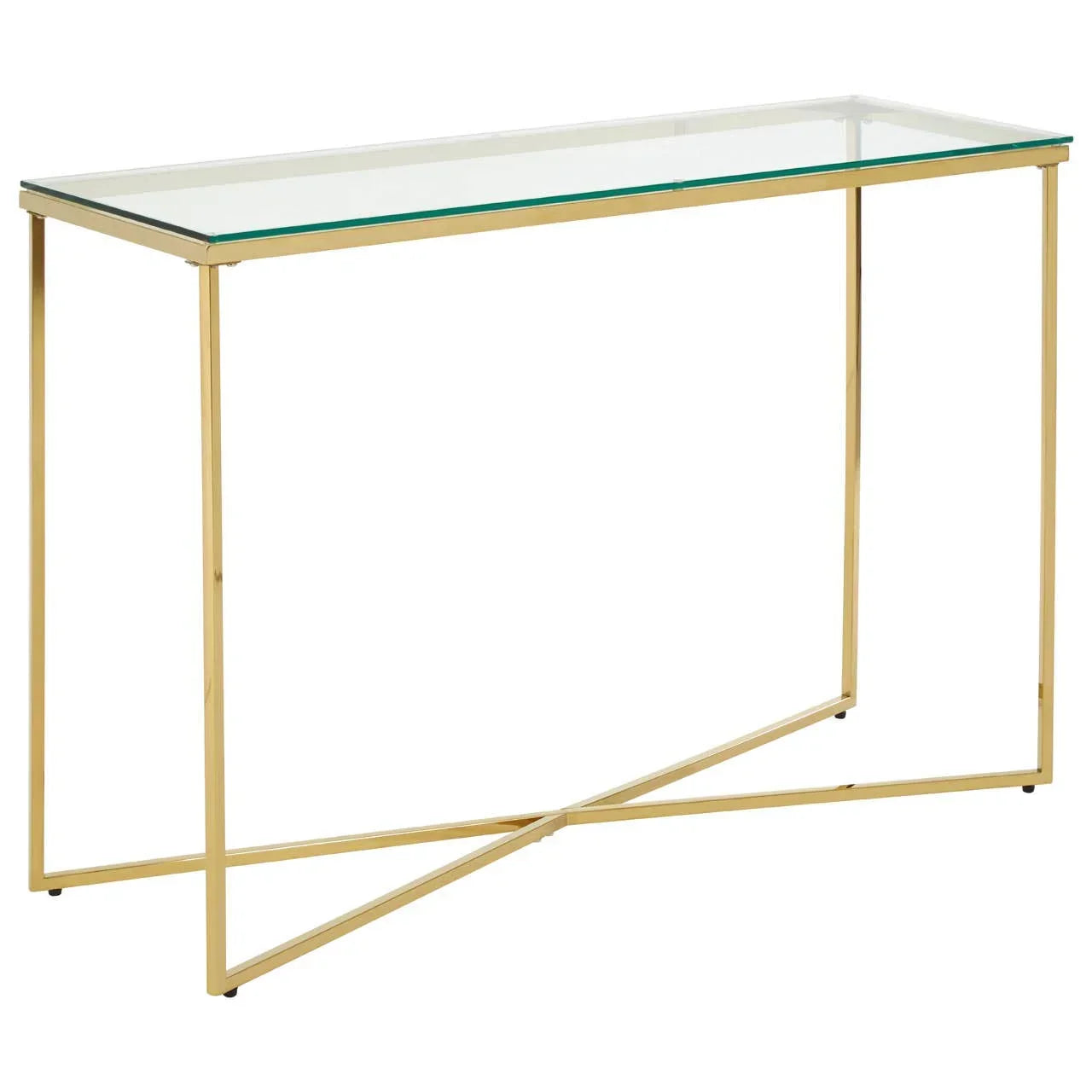 Glass console table with gold metal frame and crossed base, side angle view
