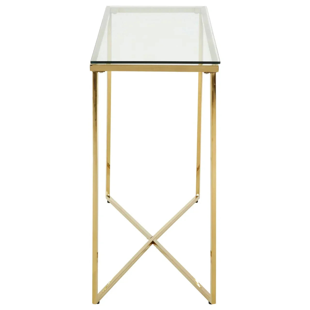 Glass console table with gold metal frame viewed from the side