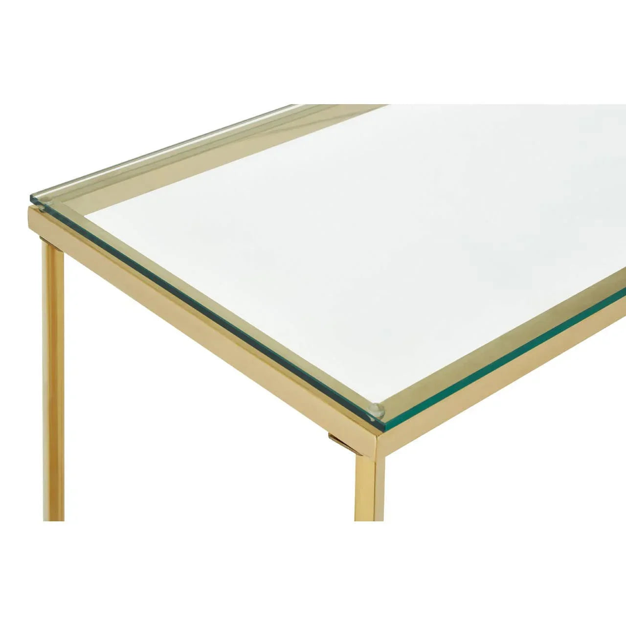 Glass top table with gold metal frame, close-up of corner and leg design