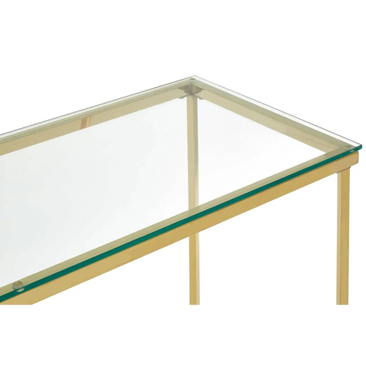 Glass console table with gold metal frame, close-up of tabletop corner