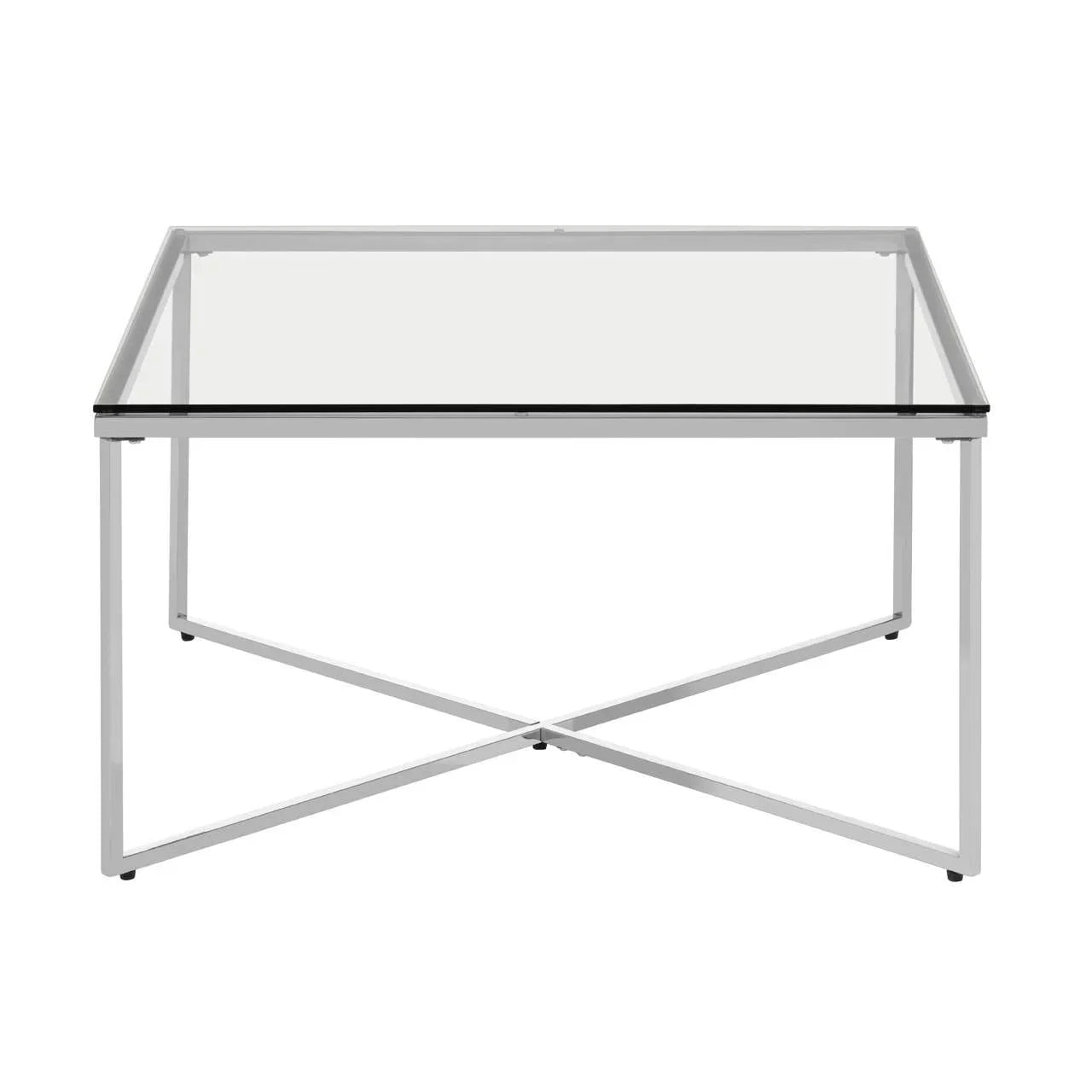 Glass coffee table with silver metal frame and X-shaped base, front view