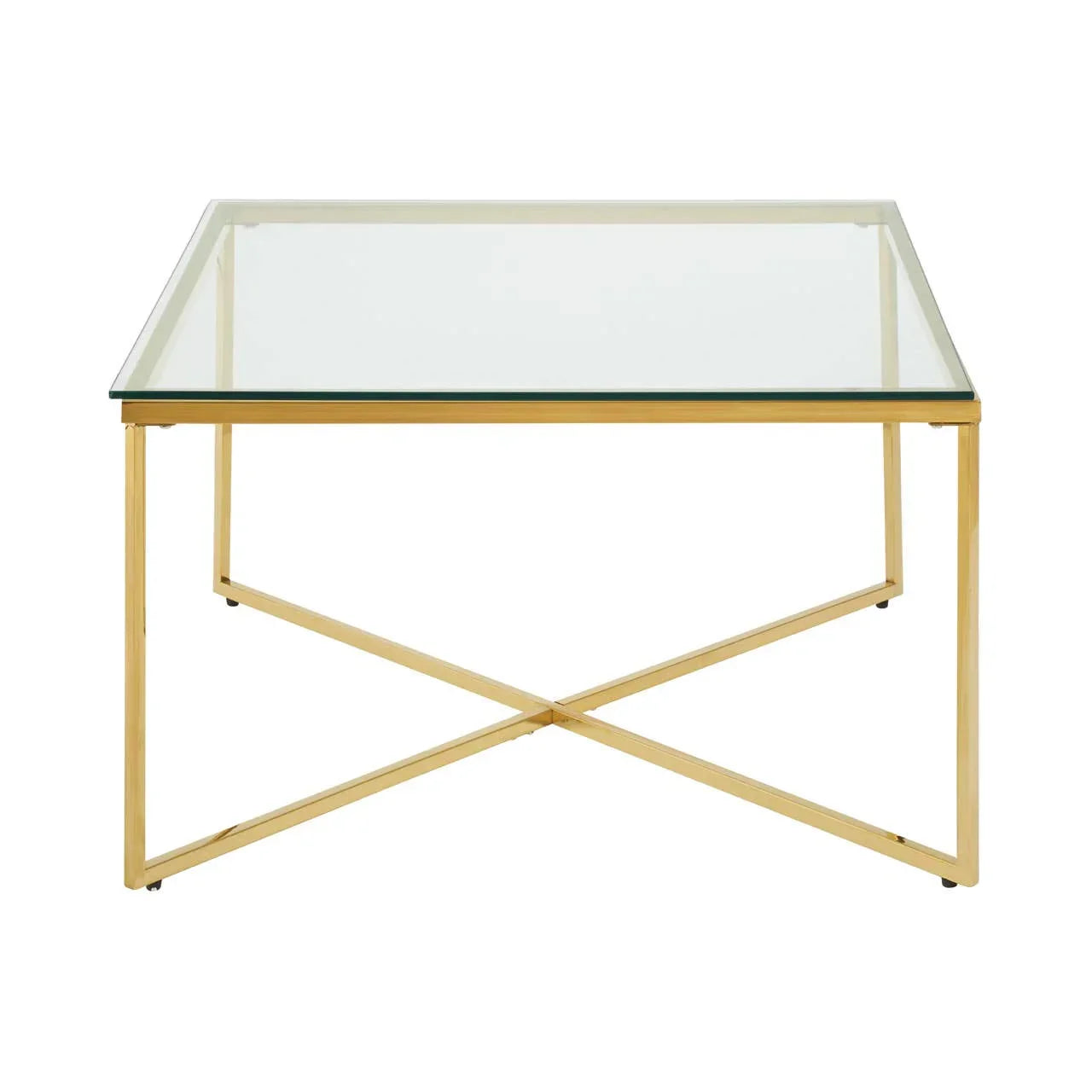 Glass coffee table with gold metal frame and cross base, front view